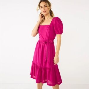 DRAPER JAMES Puff-Sleeve Dress Sz L Magenta Square Neck Classic Cotton